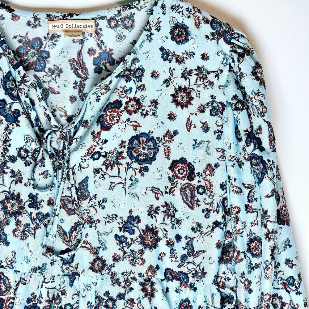 BOG Collective Women's Blue Ivory Floral Oversized Mini Babydoll Dress, NWOT, Sm - Picture 3 of 9